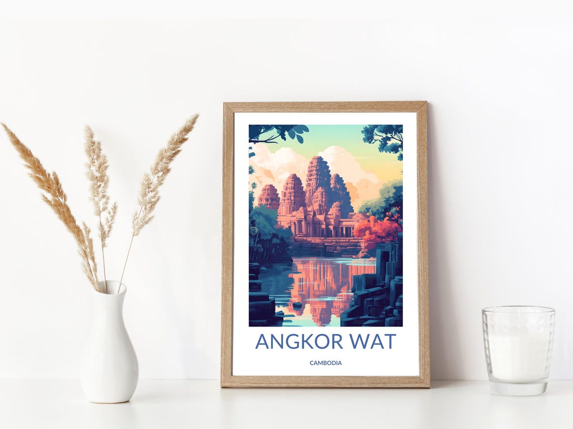 Angkor Wat Cambodia Temple Reflection Sunset Vintage Travel Poster - Image 3