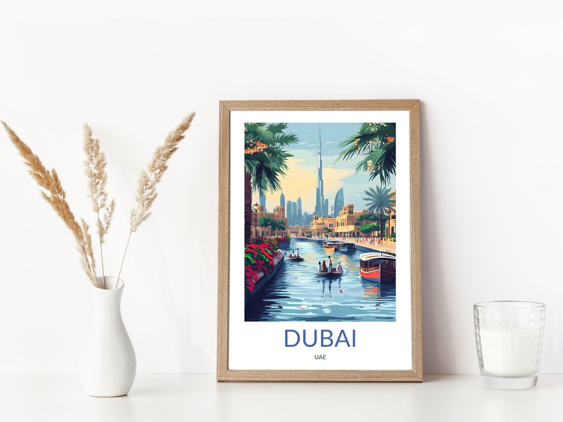 Dubai Old Town Canal Abra Boats Burj Khalifa Skyline UAE Poster - Image 3