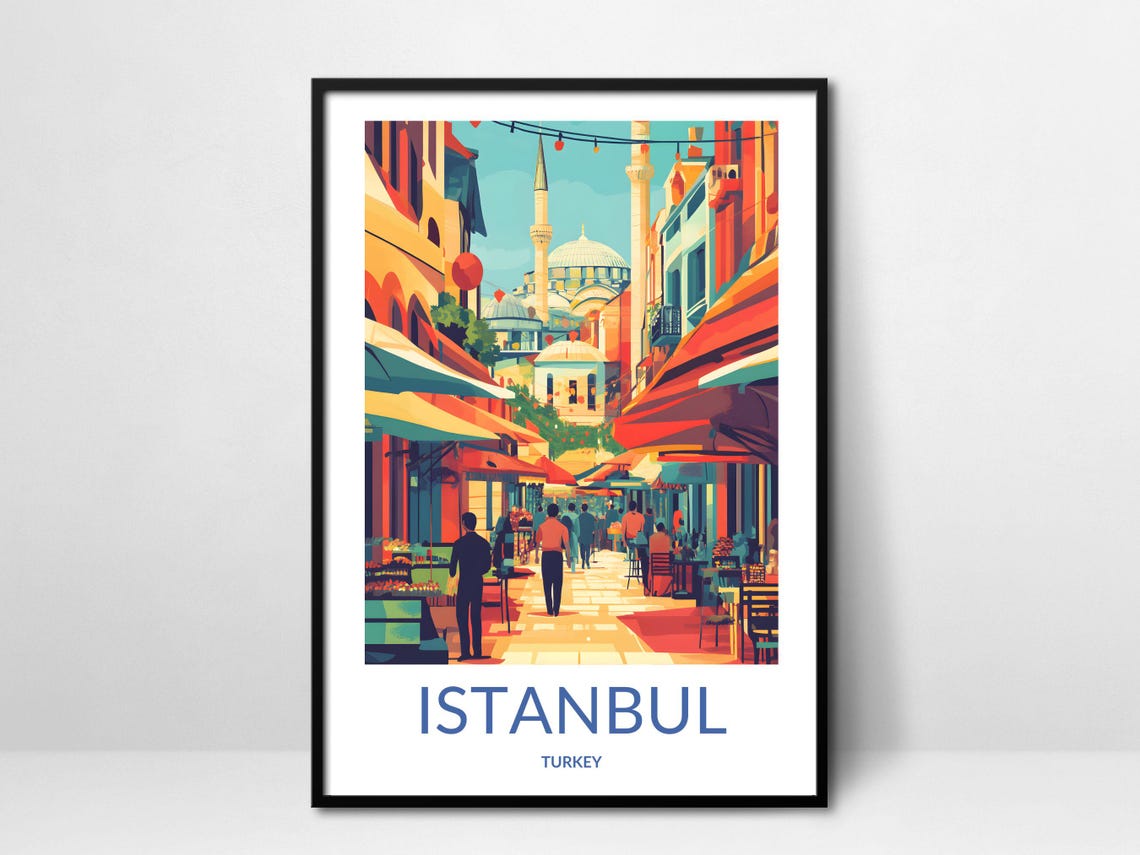 Istanbul Turkey Vibrant Bazaar Street Scene Mosque Travel Poster