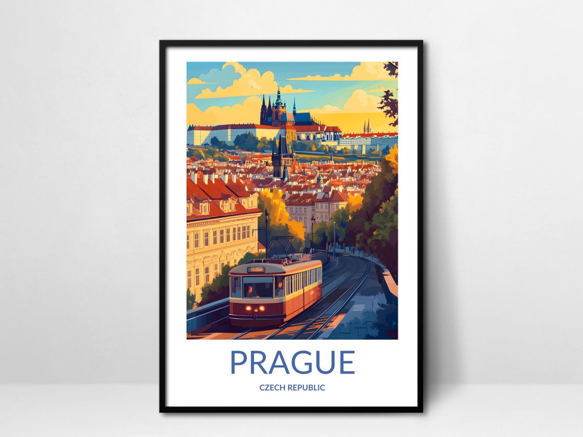 Prague Czech Republic Red Tram and Castle City Vintage Travel Poster