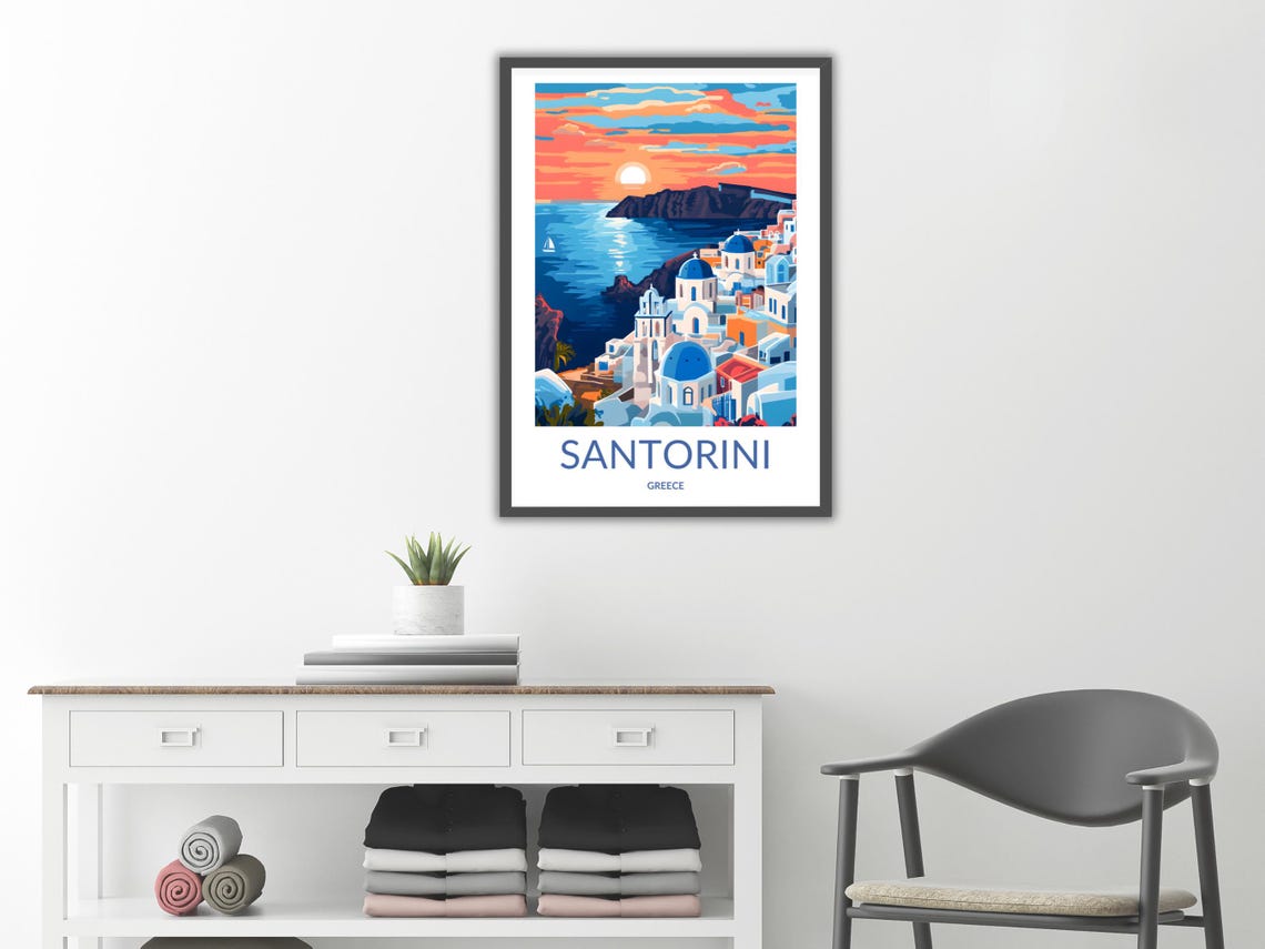 Santorini Blue Dome Churches Sunset Over the Aegean Sea Poster - Image 2