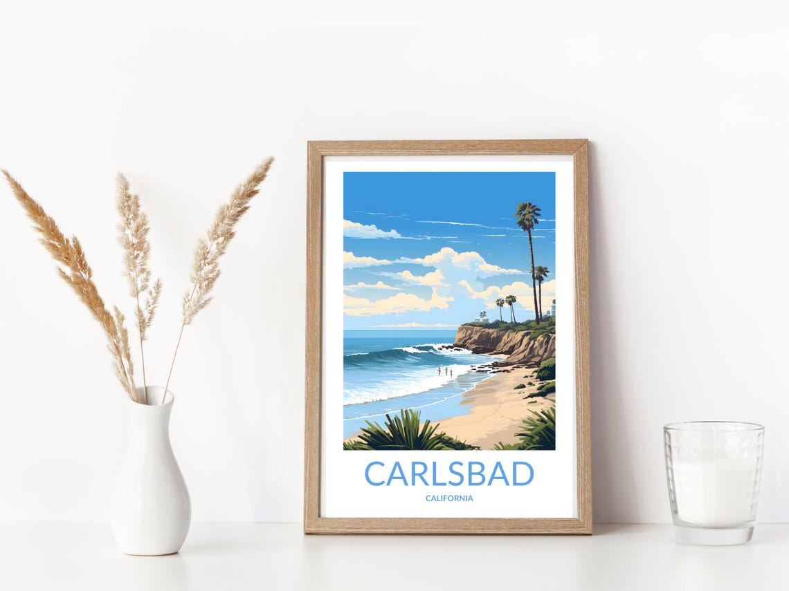 Carlsbad California Blue Ocean Cliffs Palms Vintage Summer Poster - Image 3