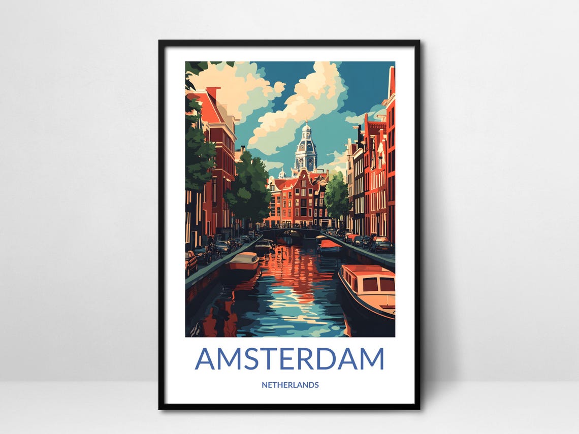 Amsterdam Canal Reflection Boats Old Houses Netherlands Art Poster