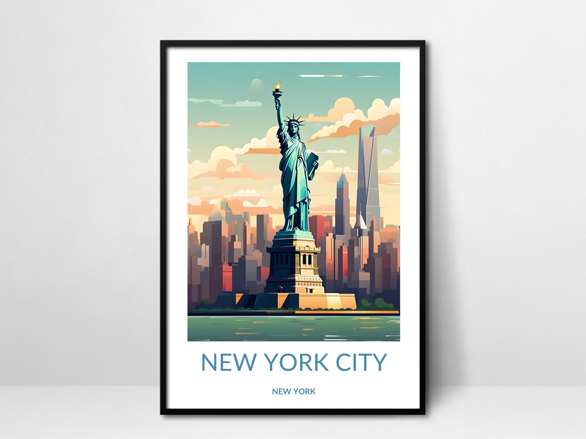 New York City Statue Of Liberty Skyline Harbor Travel Poster