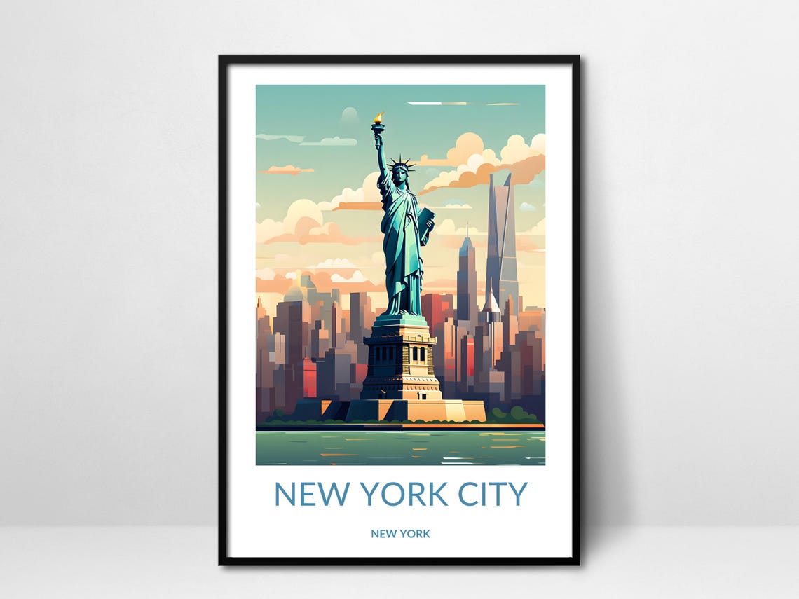 Statue Of Liberty And New York City Skyline Poster Iconic Nyc Landmark Wall Art New York City Travel Poster