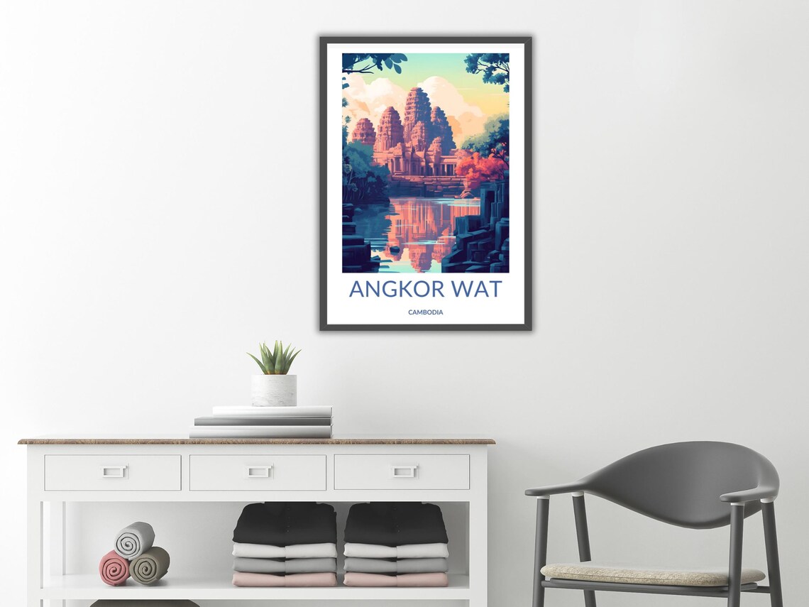 Angkor Wat Cambodia Temple Reflection Sunset Vintage Travel Poster - Image 2