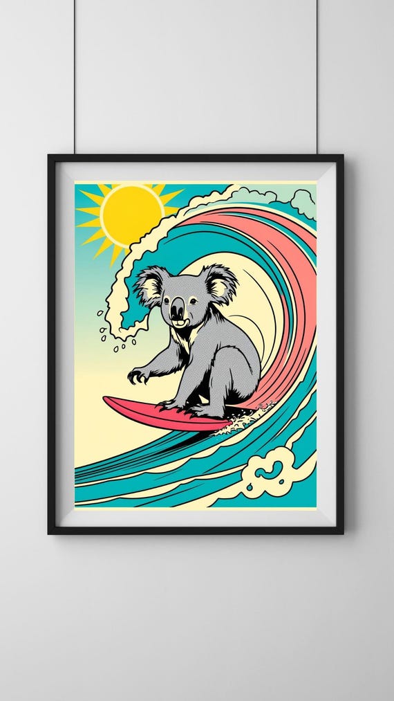 Koala Surfing Wall Art Retro Funky Pastel Print Funny Artwork Australian Design Bright Ocean