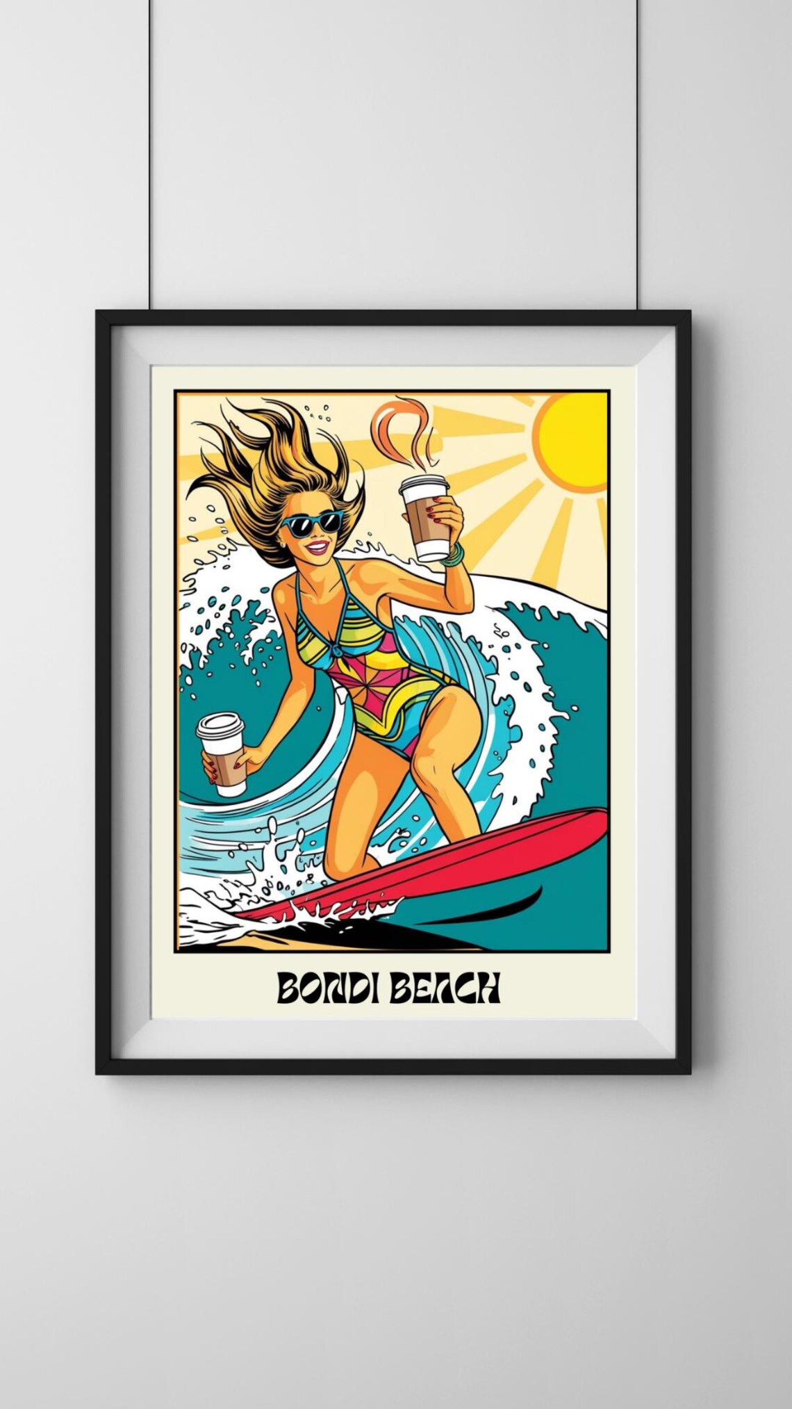 Bondi Beach Surfer Girl With Coffee, Retro Art Print