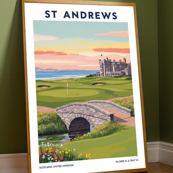 St Andrews Golf Course Poster Green And Blue Landscape Illustration Scottish Travel Art Contemporary Decor For Enthusiasts