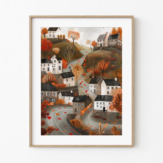 Whimsical Thanksgiving Village Fall Holiday Season Print Rustic Colorful Painting Lover Art Autumn Wall Decor Cozy Warm Tone