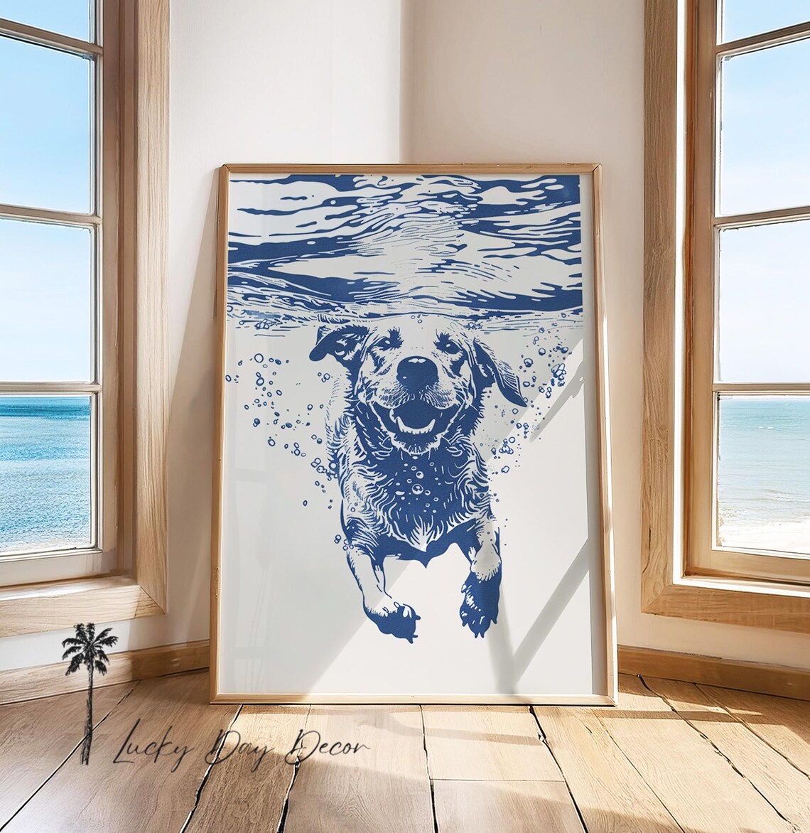 Labrador Underwater Coastal Dog Sketch Art Print