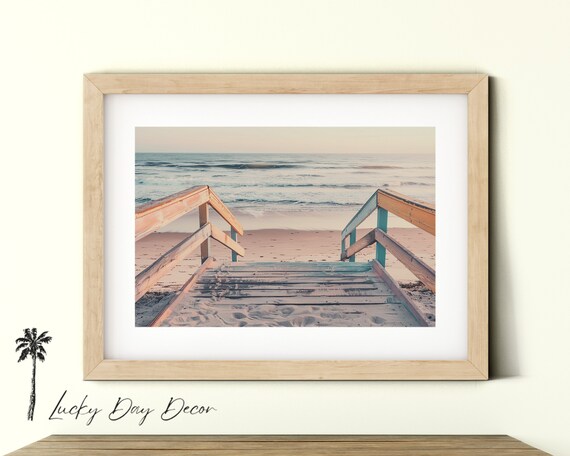 Neutral Wooden Boardwalk Stairs Leading To Beach Photo Print