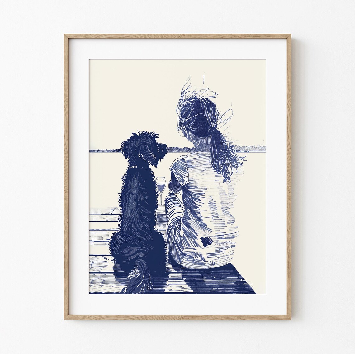 Dock With My Doodle, Minimalist Blue Sketch Art Print