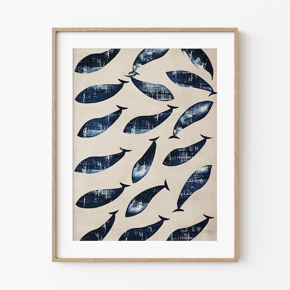 Navy Whale Silhouettes Swimming Pattern Rustic Coastal Sea Life Poster