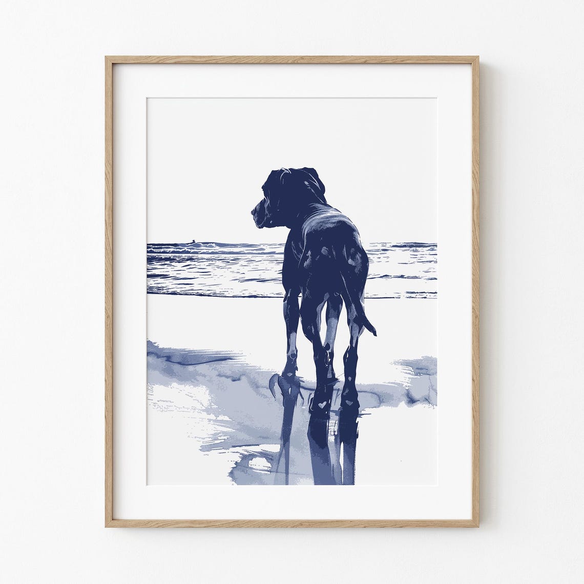 Hound Watching Waves On Beach Navy Blue Minimalist Dog Art Poster