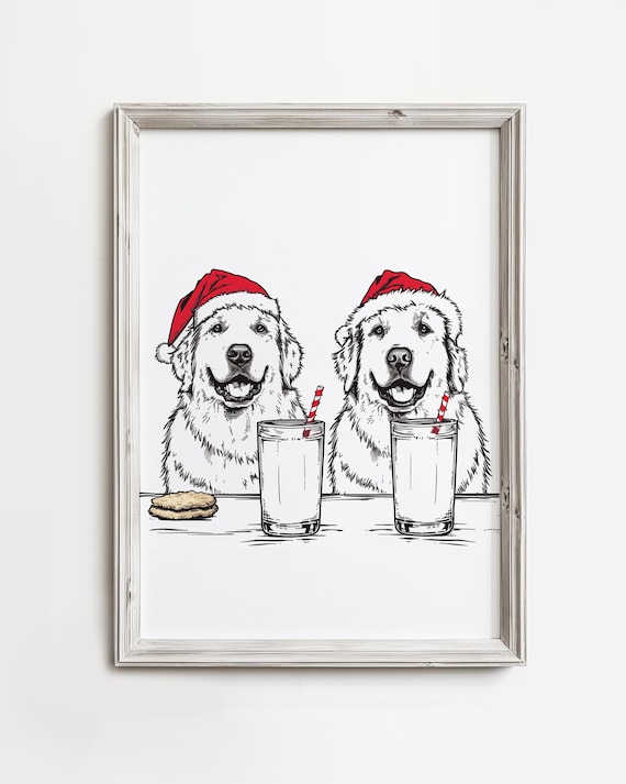 Golden Retrievers Santa Hats Drinking Milk Christmas Dog Art Poster