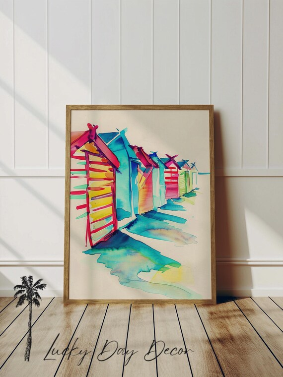 Colorful Beach Huts Watercolor Painting Coastal Cabana Art Print