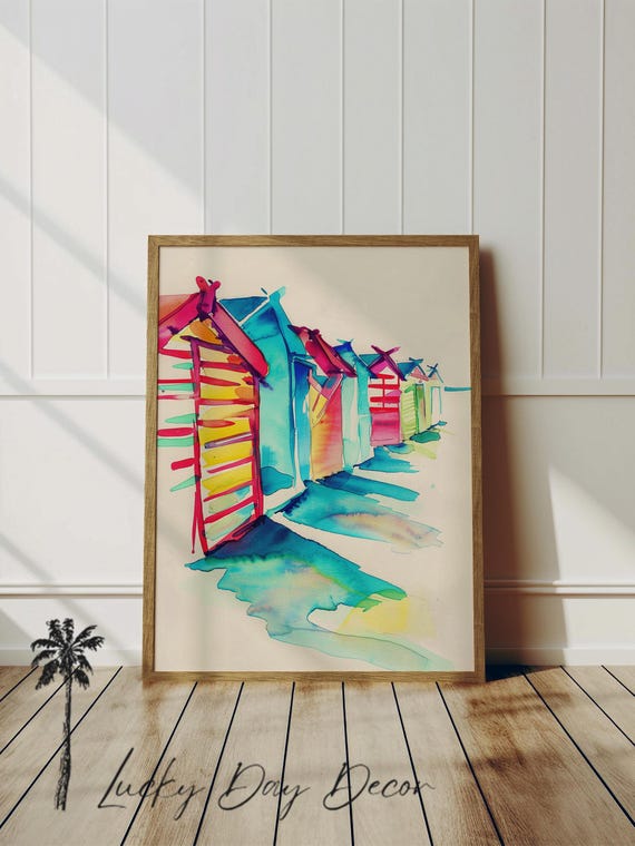 Sea Shores Beach Huts Spa Day Watercolor Vintage Retro Art Inspired Oceanside Print Trendy Surf Home