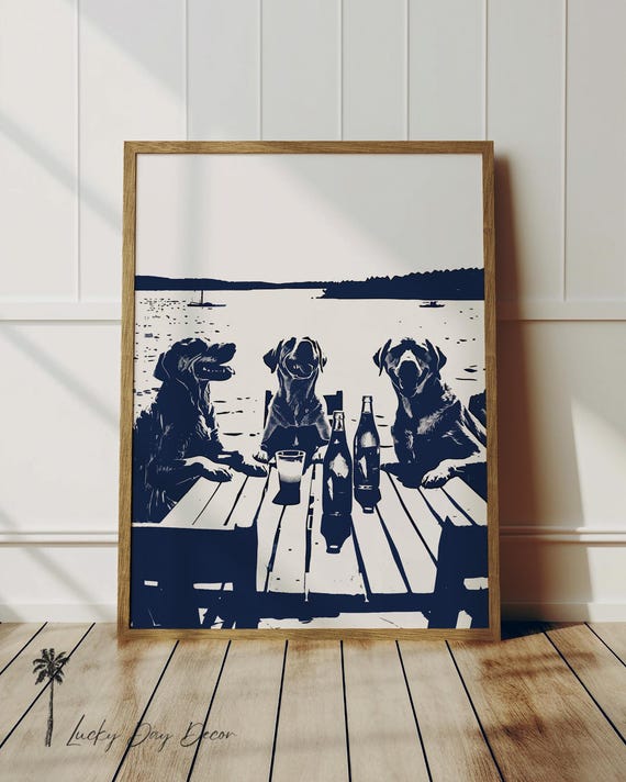 Happy Dogs Watering Hole Funny Hour Dog Art Print Dad Gift Summertime Beach Cottage Decor Lover Blue Sketch