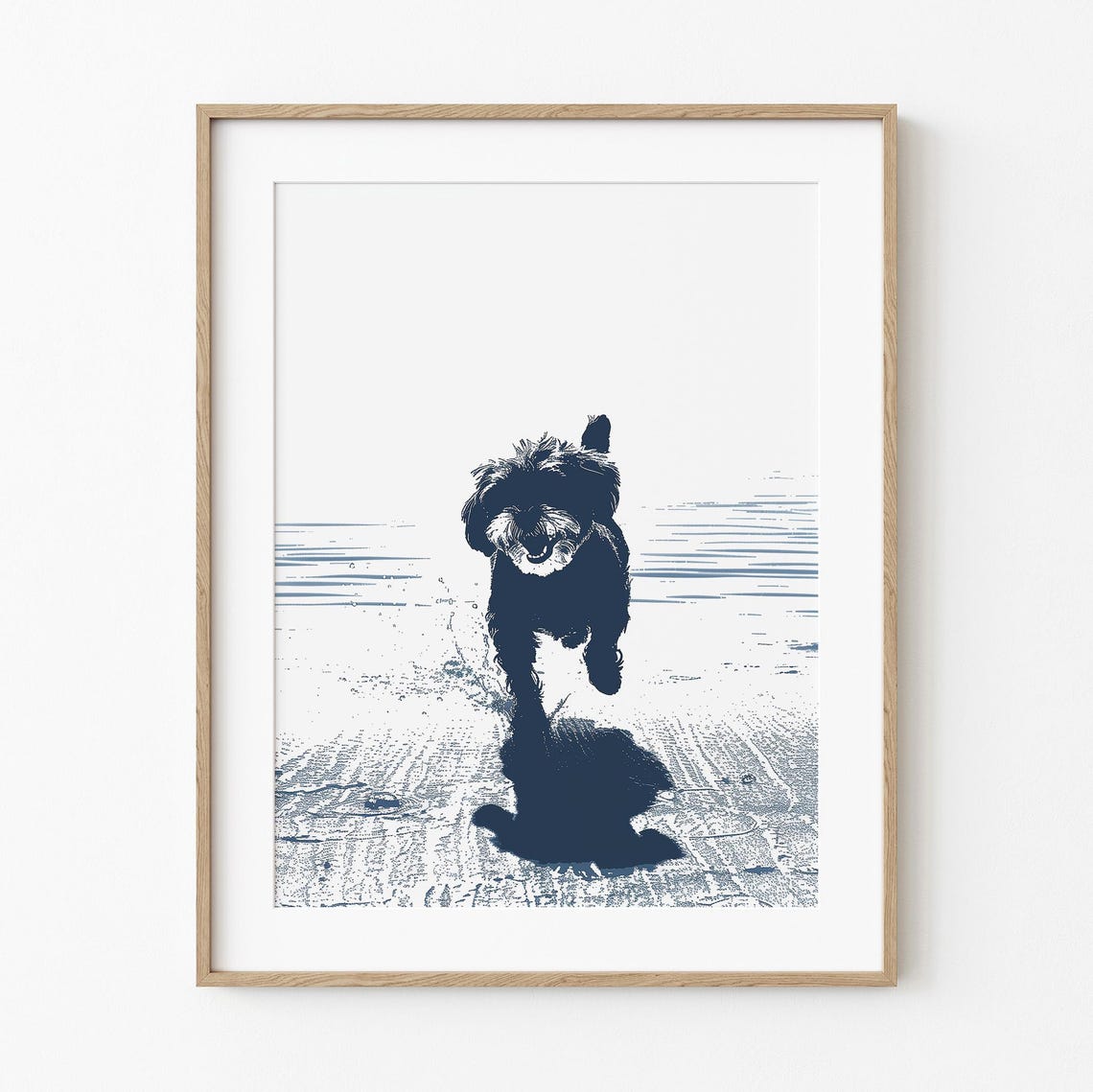 Shih Tzu Running Beach Navy Blue Sketch Playful Dog Art Poster