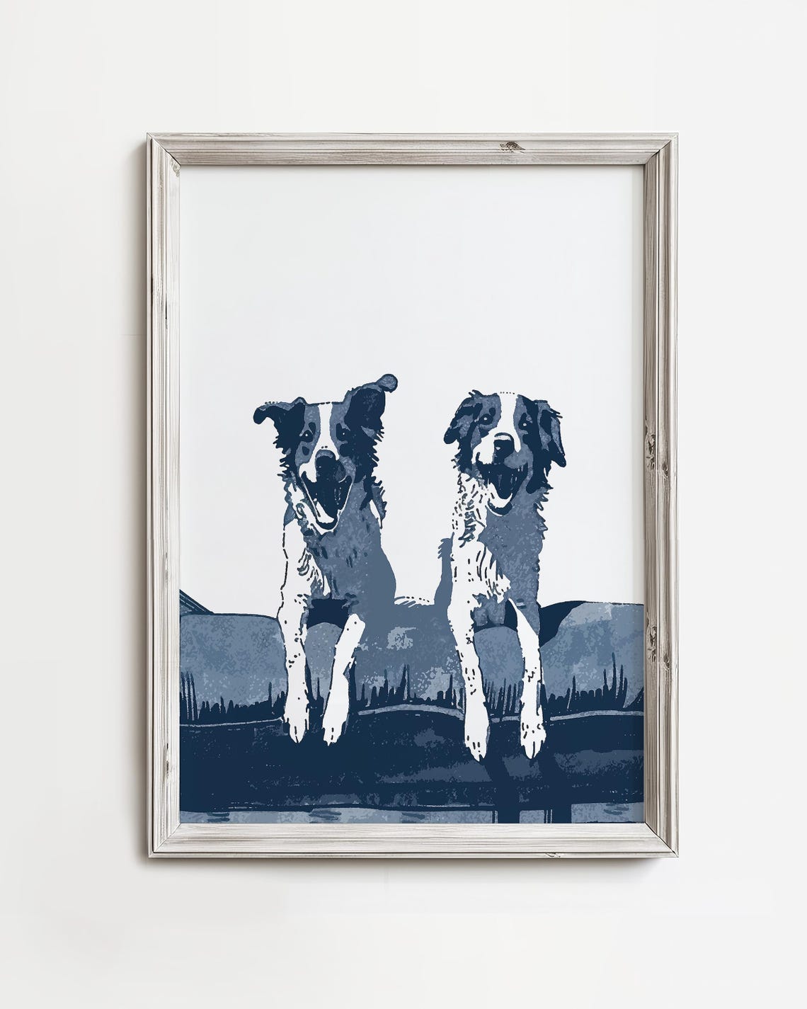 Two Happy Shepherd Dogs Blue Ink Sketch Fun Dog Lover Wall Art