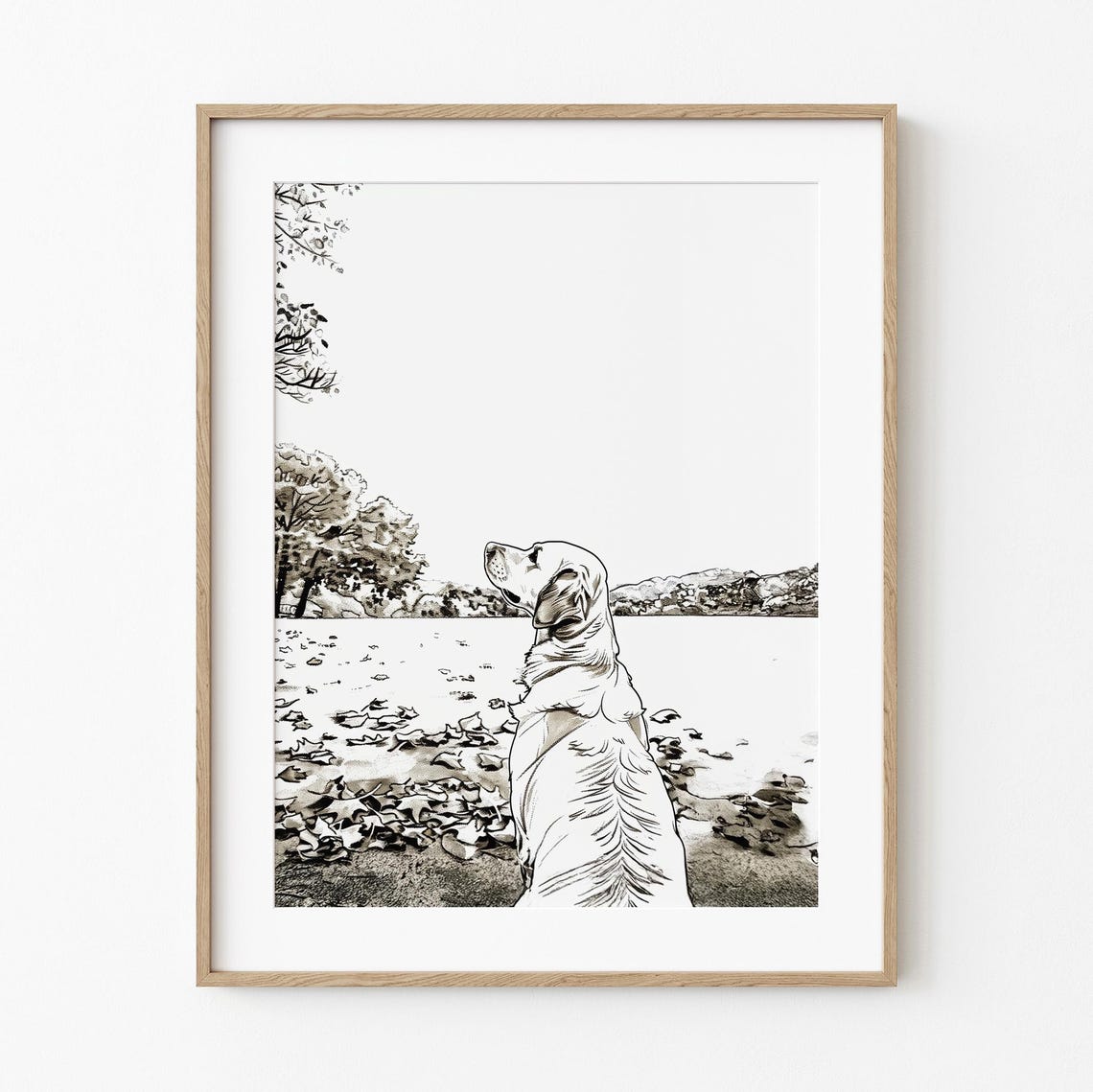 Golden Retriever Sitting By Lake Black And White Sketch Poster