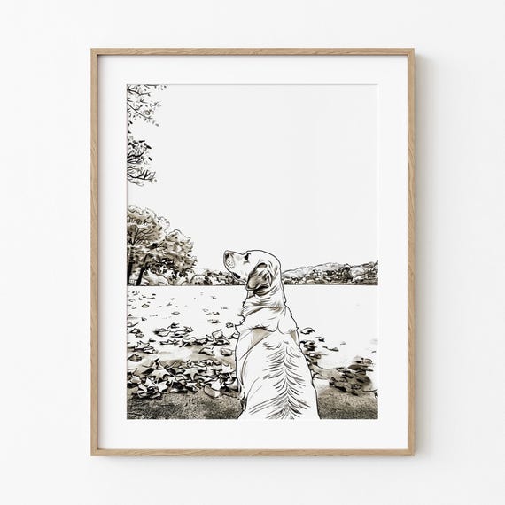 Autumn Golden Retriever Looks Relaxing Fall Dog Sketch Art Lover Print Season Wall Decor Warm Brown Blues