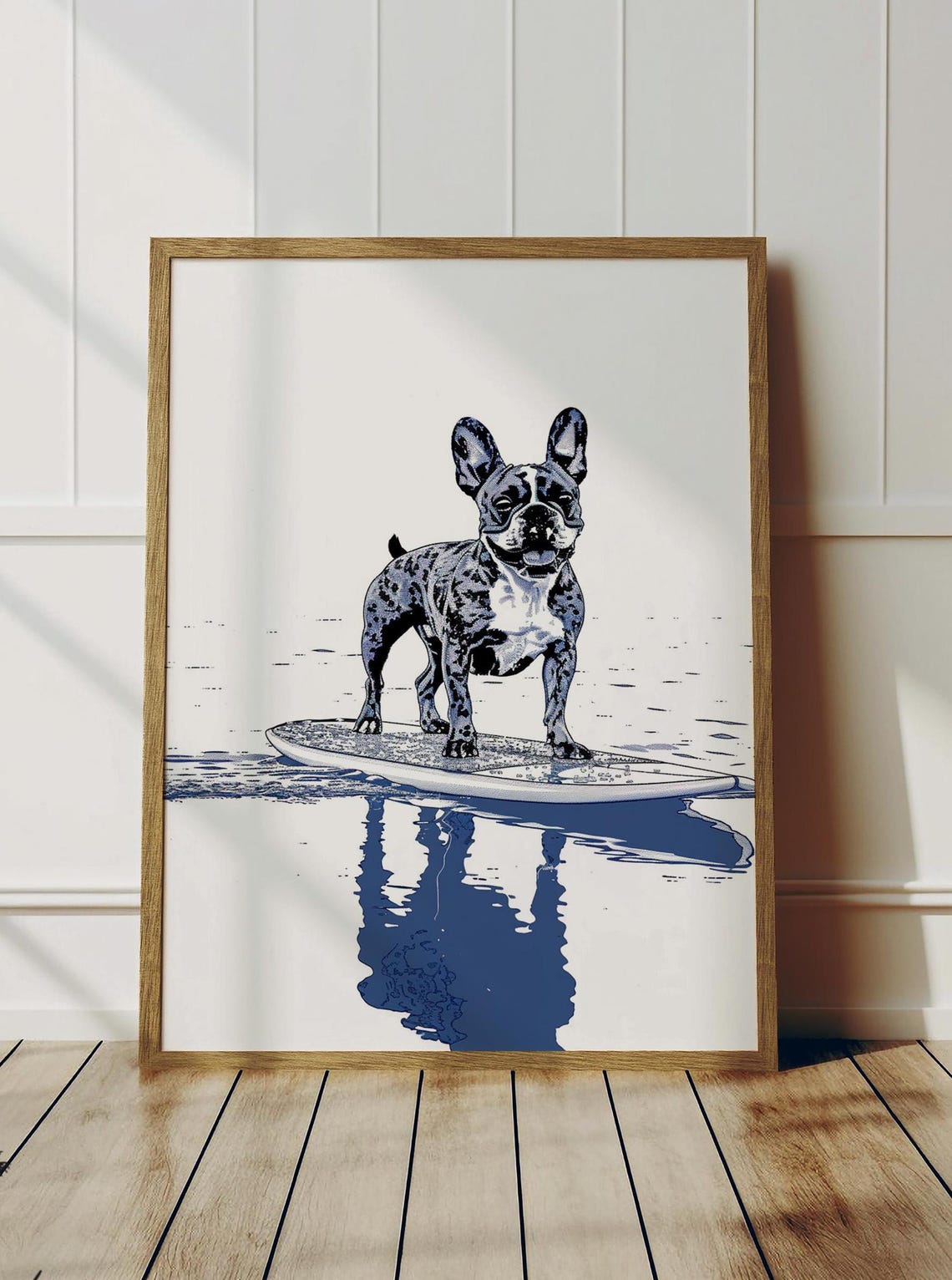 French Bulldog on Surfboard Navy Blue Coastal Line Art Poster