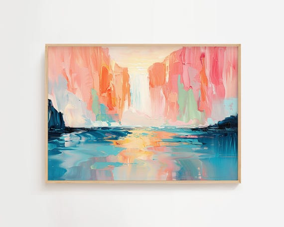 Tropical Waterfall Cliff Colorful Pastel Landscape Scenic Orange Blue Print Pretty Watercolor Acrylic Art Home Wall Decor