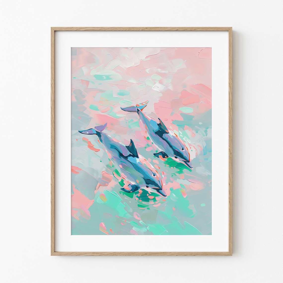 Playful Two Dolphins Swimming Pastel Pink Ocean Abstract Wall Art