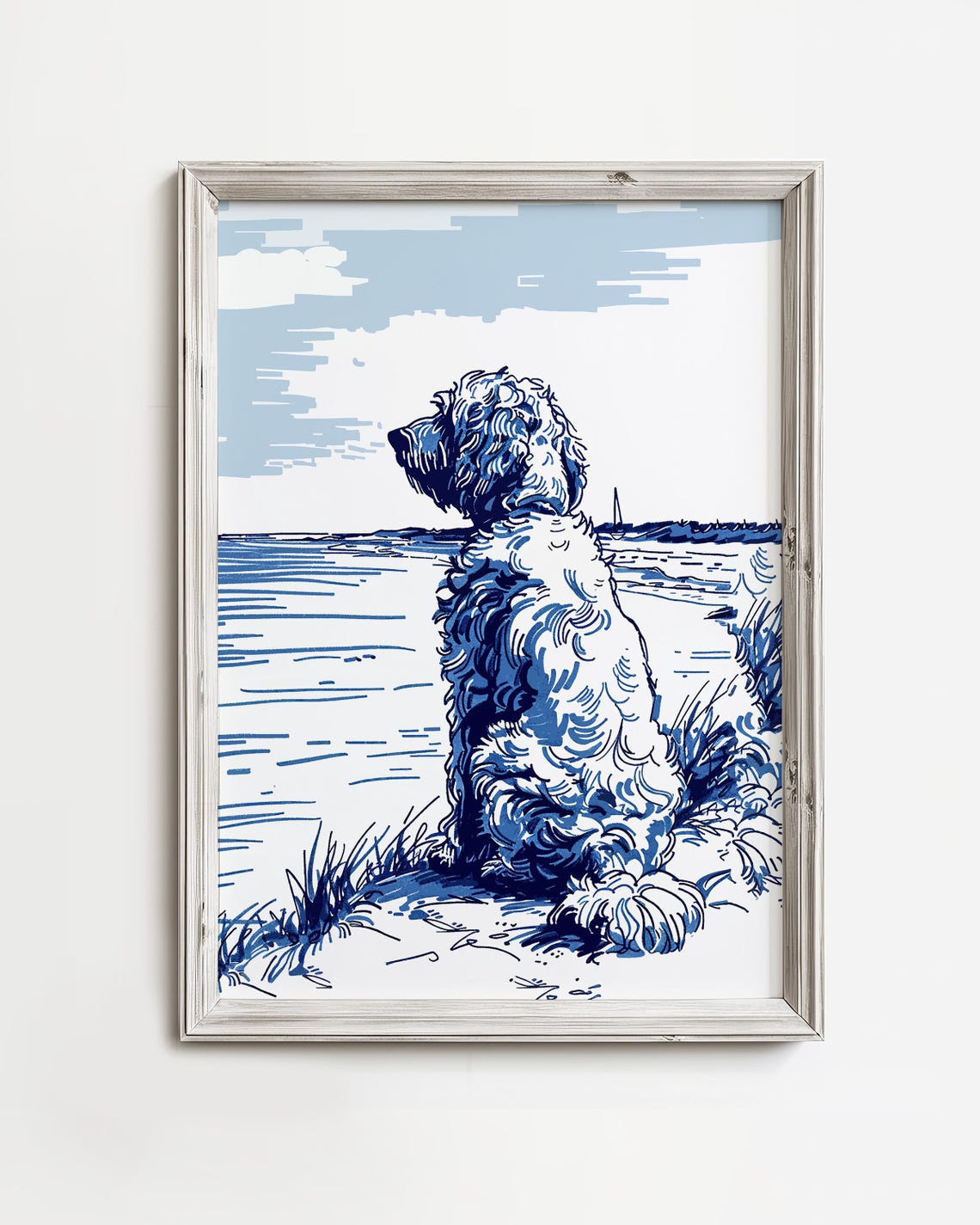 Doodle Dog Beach Lookout Curly Coat Navy Blue Sketch Art Poster