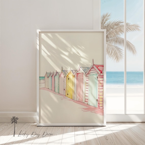 Pastel Beach Huts Soft Watercolor Coastal Bathing Boxes Seaside Print