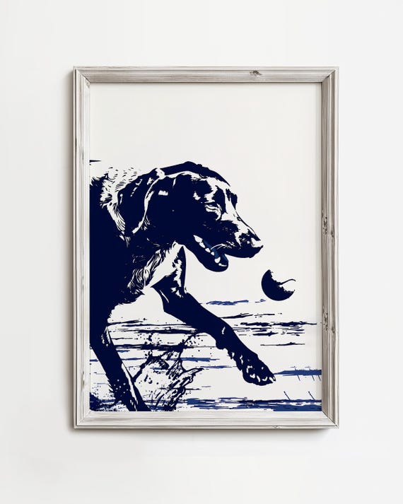 Labrador Chases Tennis Ball Summertime Dog Art Coastal Home Cottage Decor Fun Waterdog Print Navy Blue Sketch Lover