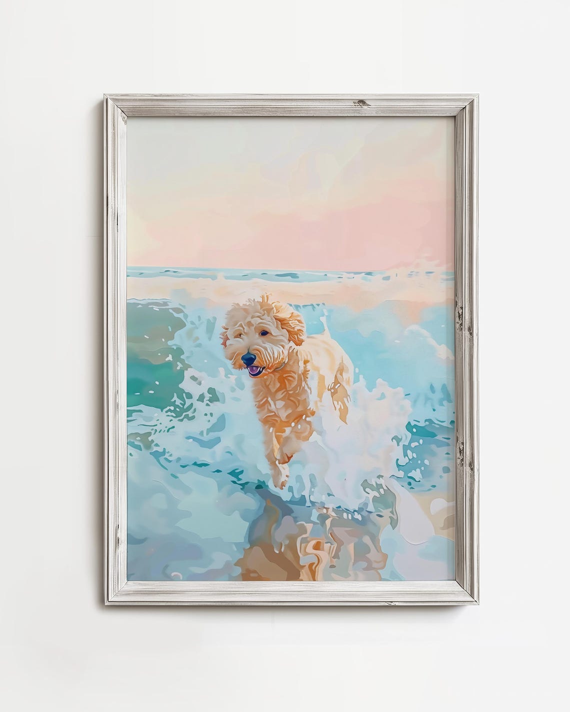 Smiling Curly Coated Dog Running Through Ocean Waves Pastel Poster