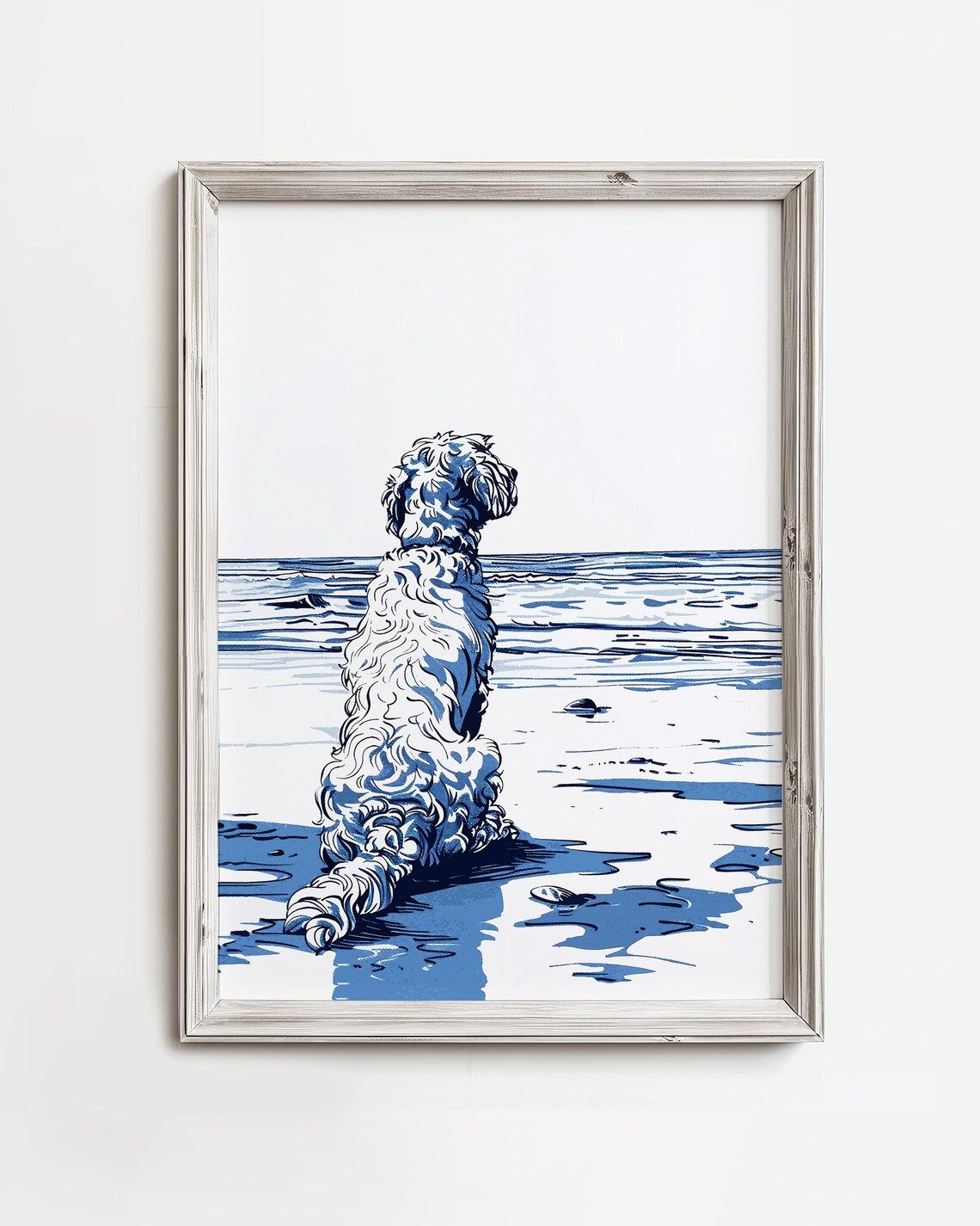 Blue Ink Drawing of a Curly Dog Sitting on the Beach Watching the Sea Poster