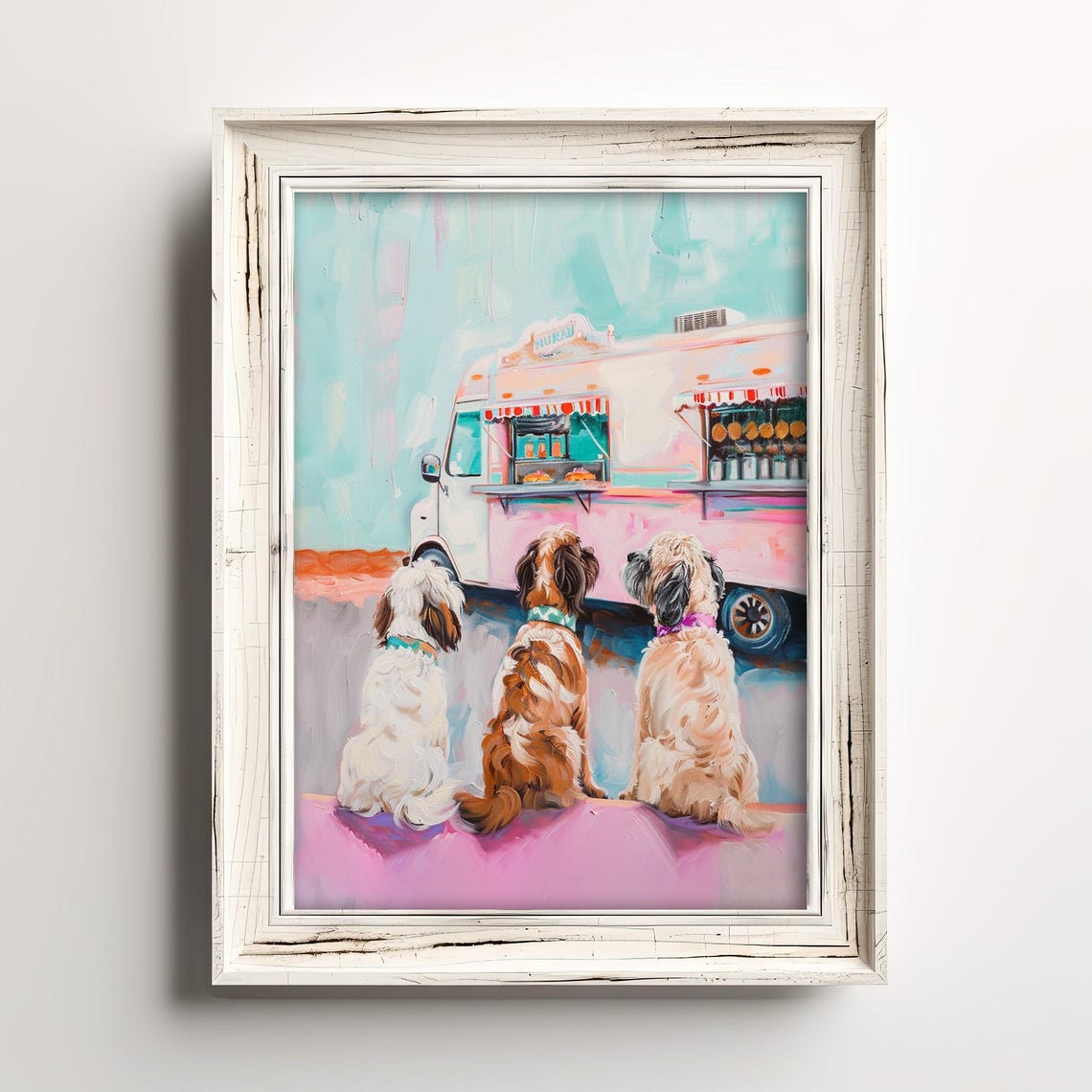 Dogs Food Truck Delight Retro Happy Dog Print Whimsical Colorful Watercolor Art Pink Pastel Girl Painting Fun Summer Canine Decor