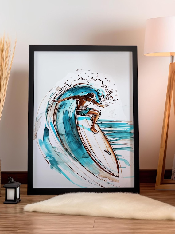 Surfer Riding Curling Wave Watercolor Sketch Beach Art Poster