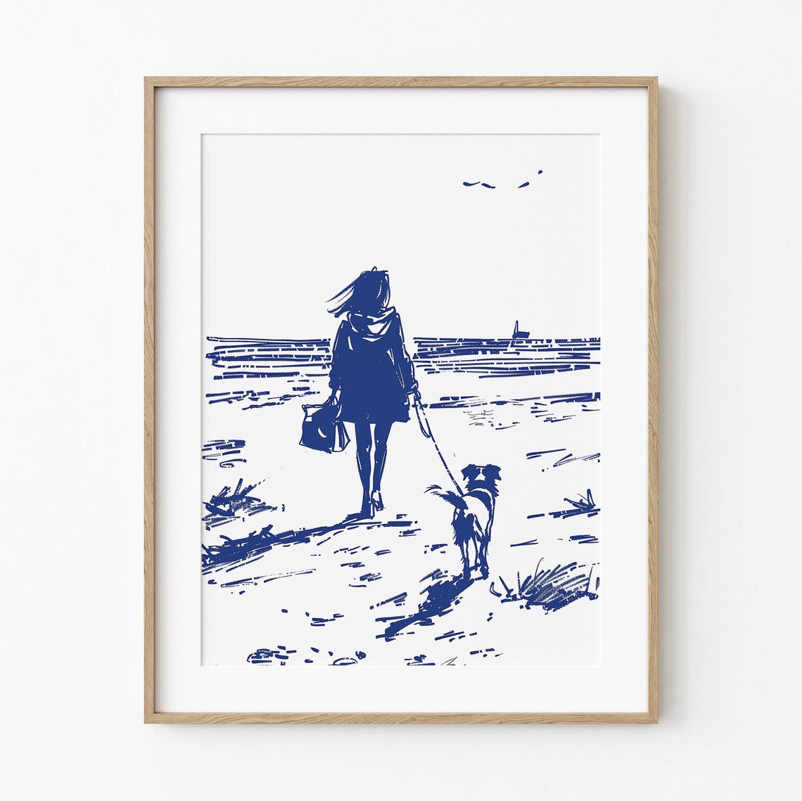 Mom Walking Border Collie On Beach Navy Ink Coastal Sketch Poster