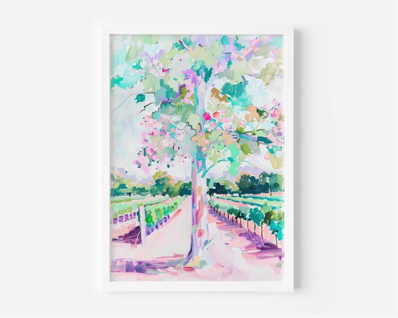 Pastel Sycamore Tree Painting Colorful Summer Print Scenic Nature Art Home Wall Decor Beautiful Pretty Pink