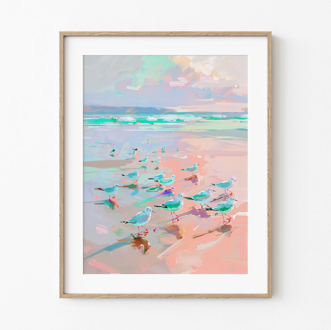 Pastel Beach Sanderlings Shorebirds Ocean Shoreline Art Print