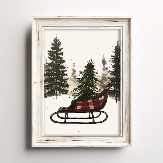 Vintage Christmas Sleigh Snowy Pines Farmhouse Holiday Poster
