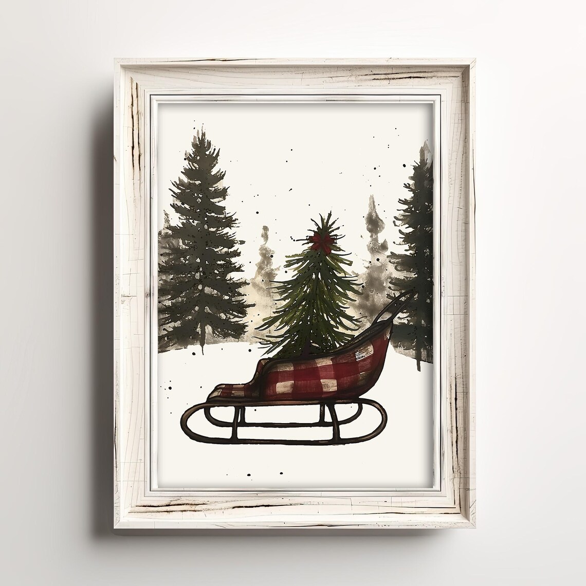 Vintage Christmas Sleigh Snowy Pines Farmhouse Holiday Poster