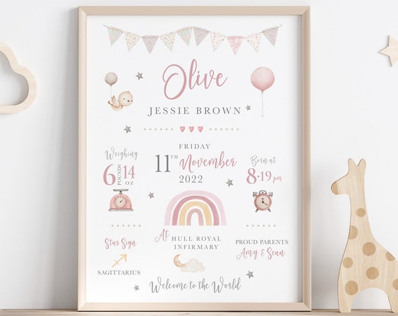 Personalised New Baby Girl Birth Stats Art Print