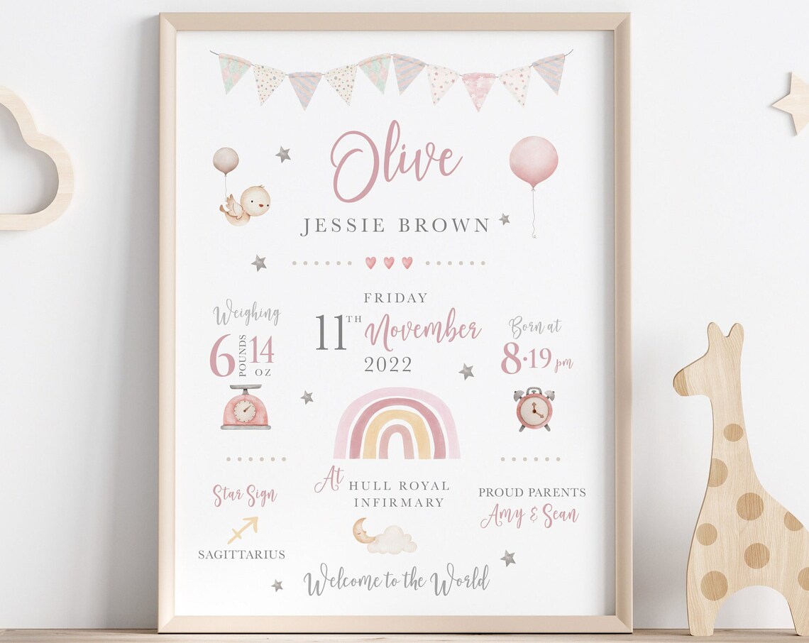 Personalised New Baby Girl Birth Stats Art Print