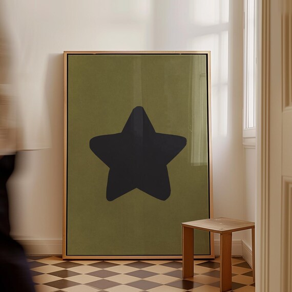 Retro Handdrawn Star Print Black Green Wall Art Trendy Bar Cart Decor