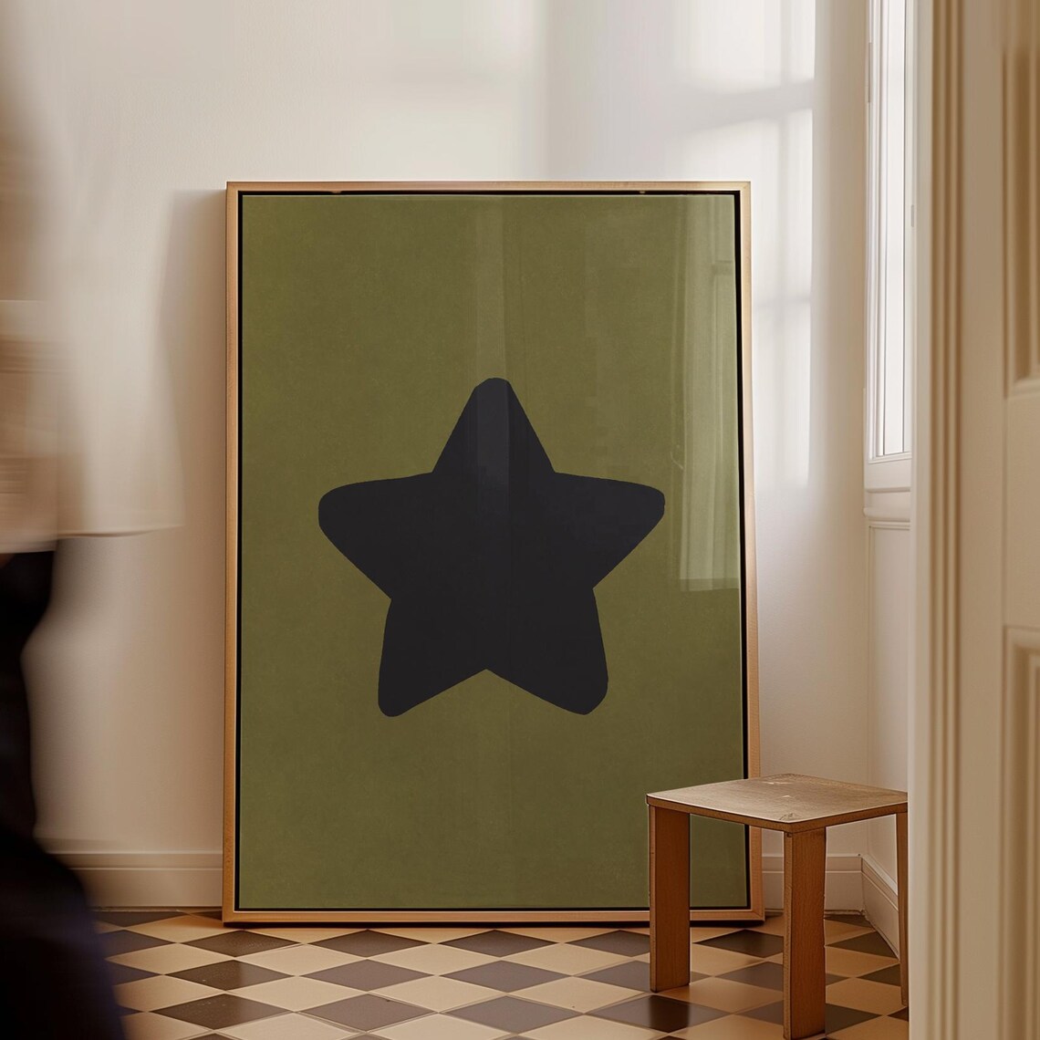 Retro Handdrawn Black Star Olive Green Trendy Minimal Poster