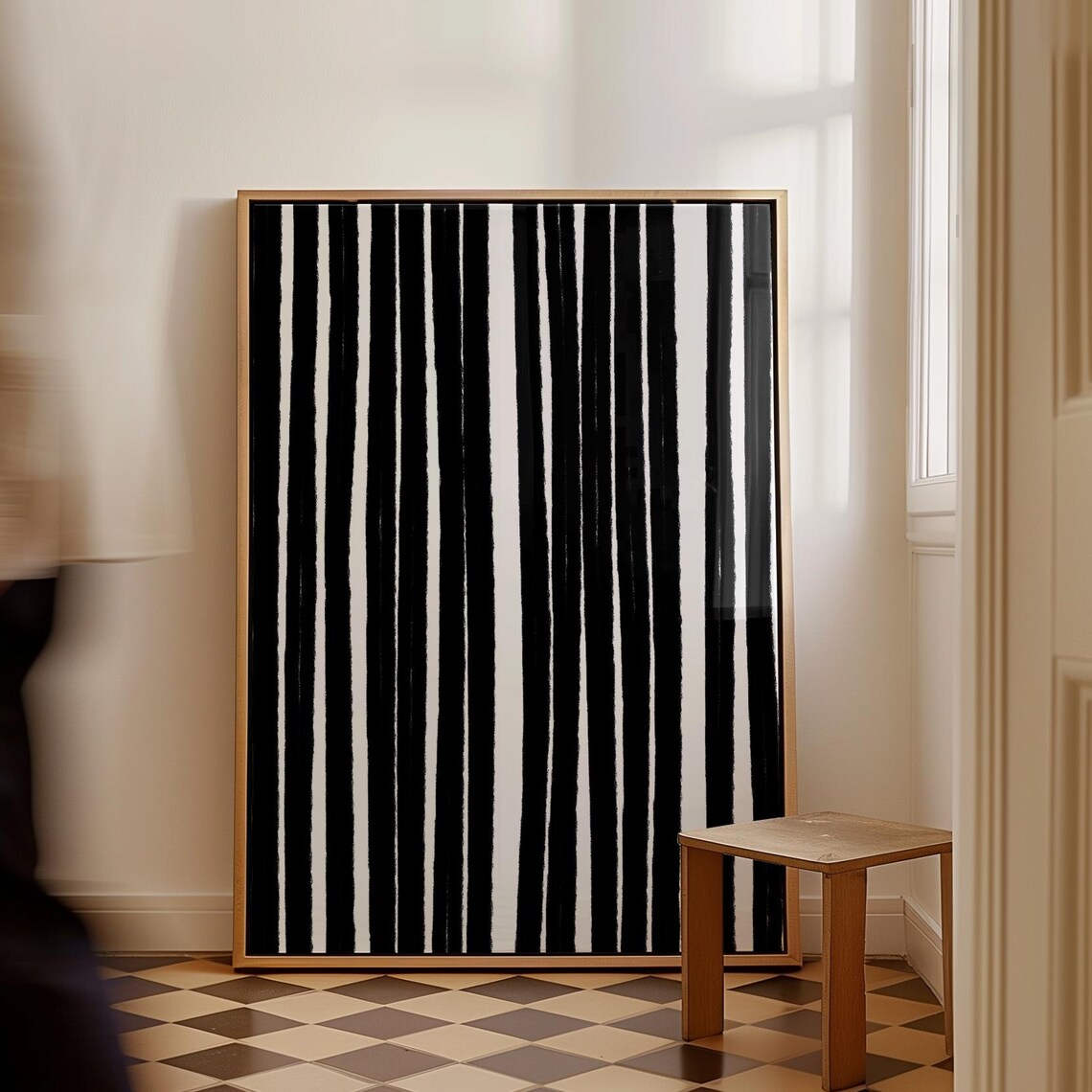 Black Striped Wall Art Abstract Line Print Retro Organic Drawing Vintage Stripe Poster