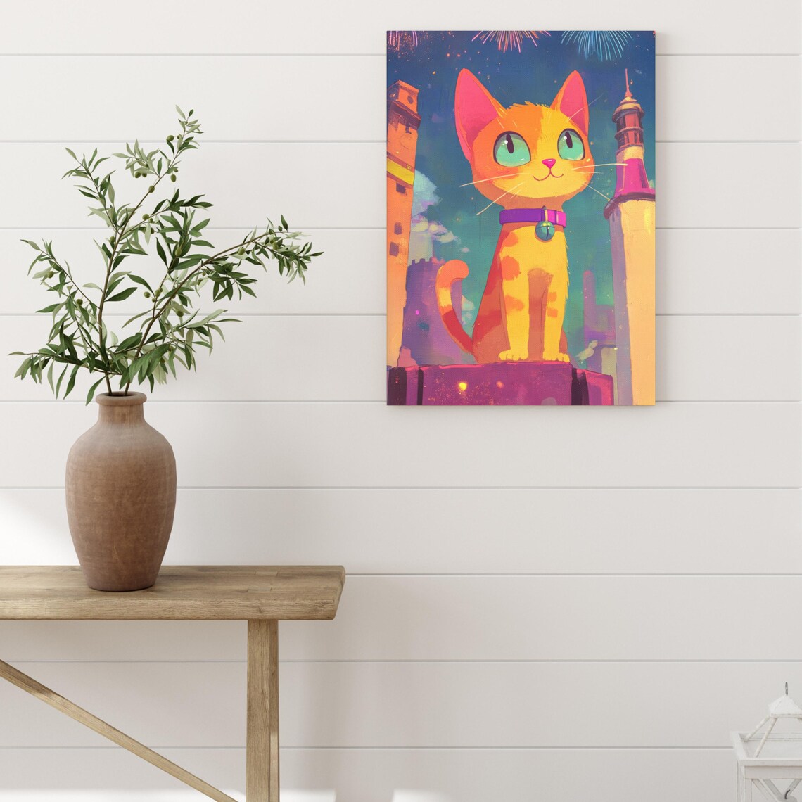 Orange Cartoon Cat Watching Fireworks City Night Fun Kids Room Poster - Image 3