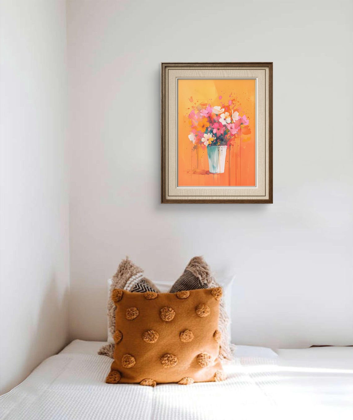 Bold Orange Floral Still Life Pink White Blossoms Modern Vase Poster - Image 2