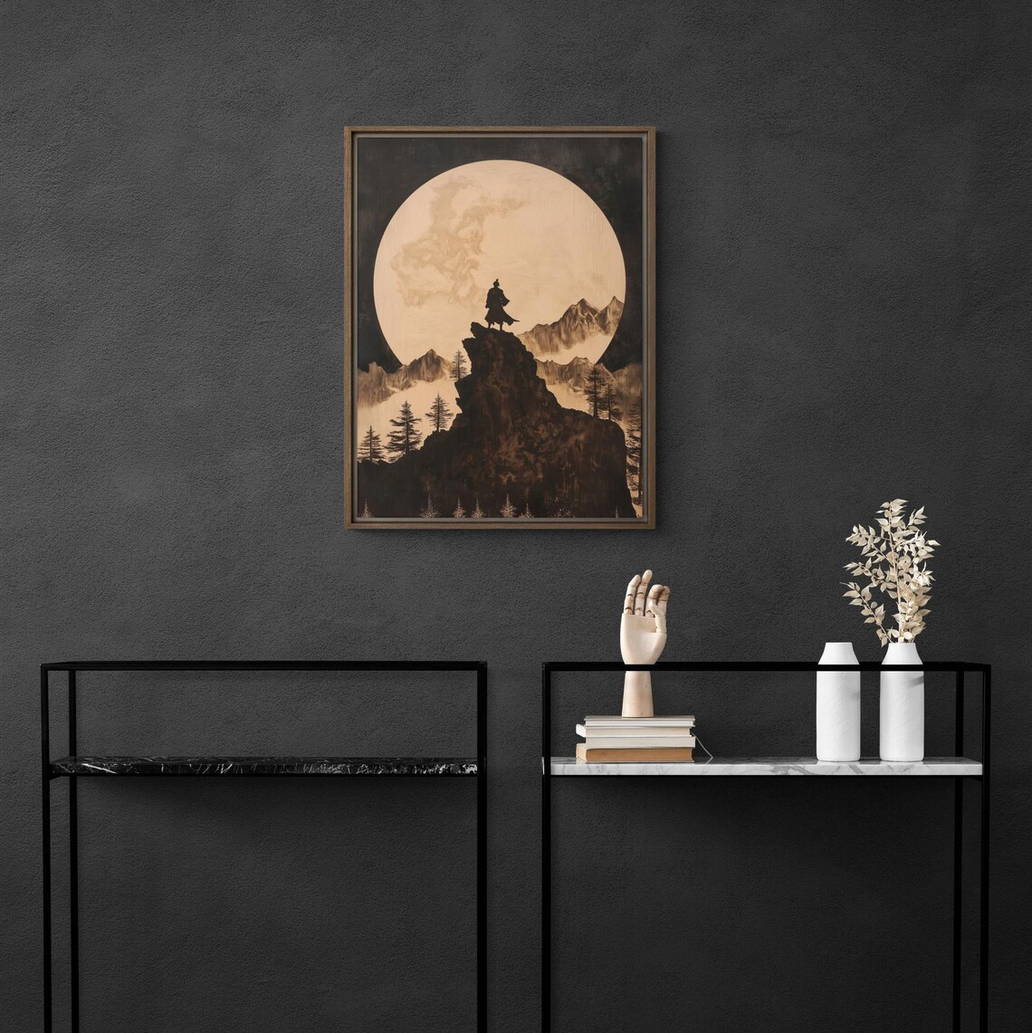 Mountain Wall Art With Moonlit Landscape Rustic Print In Pine Wood Frame Adventure Inspired Forest Decor For Nature Lovers - Image 3